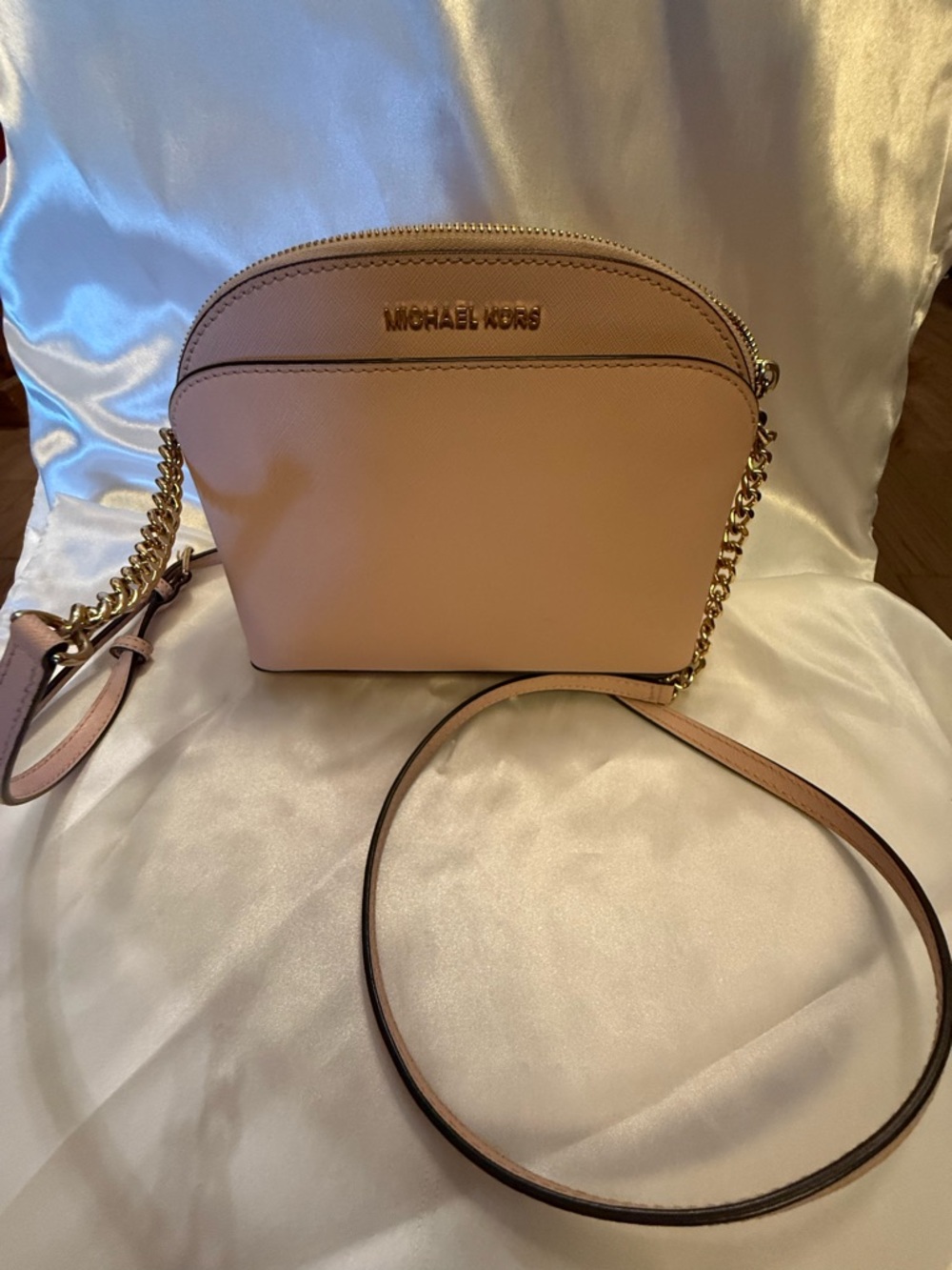 Michael Kors Peach Pink Saffiano Leather Crossbody with Gold Chain